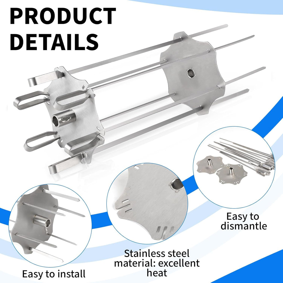 Edelstahl Rotisserie Spiess Set für Drehspiess bis Ø14mm, Spiess-Rondell Inkl. 6 Langen (41cm) & 6 k