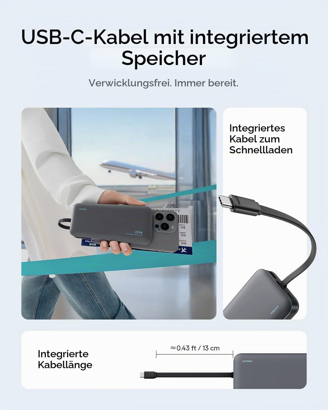 CUKTECH CP24 20000 mAh Powerbank mit Integriertem USB-C-Kabel, 40W PD Schnellladung Power Bank mit 3