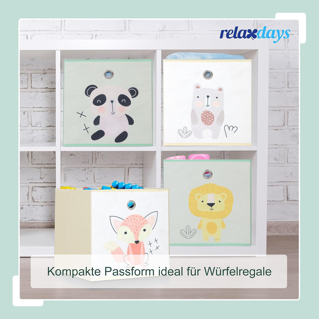 Relaxdays 4er Set, Kinder Aufbewahrungsboxen, süsse Tier-Motive, Faltbox für Würfelregale, HBT: 30x3