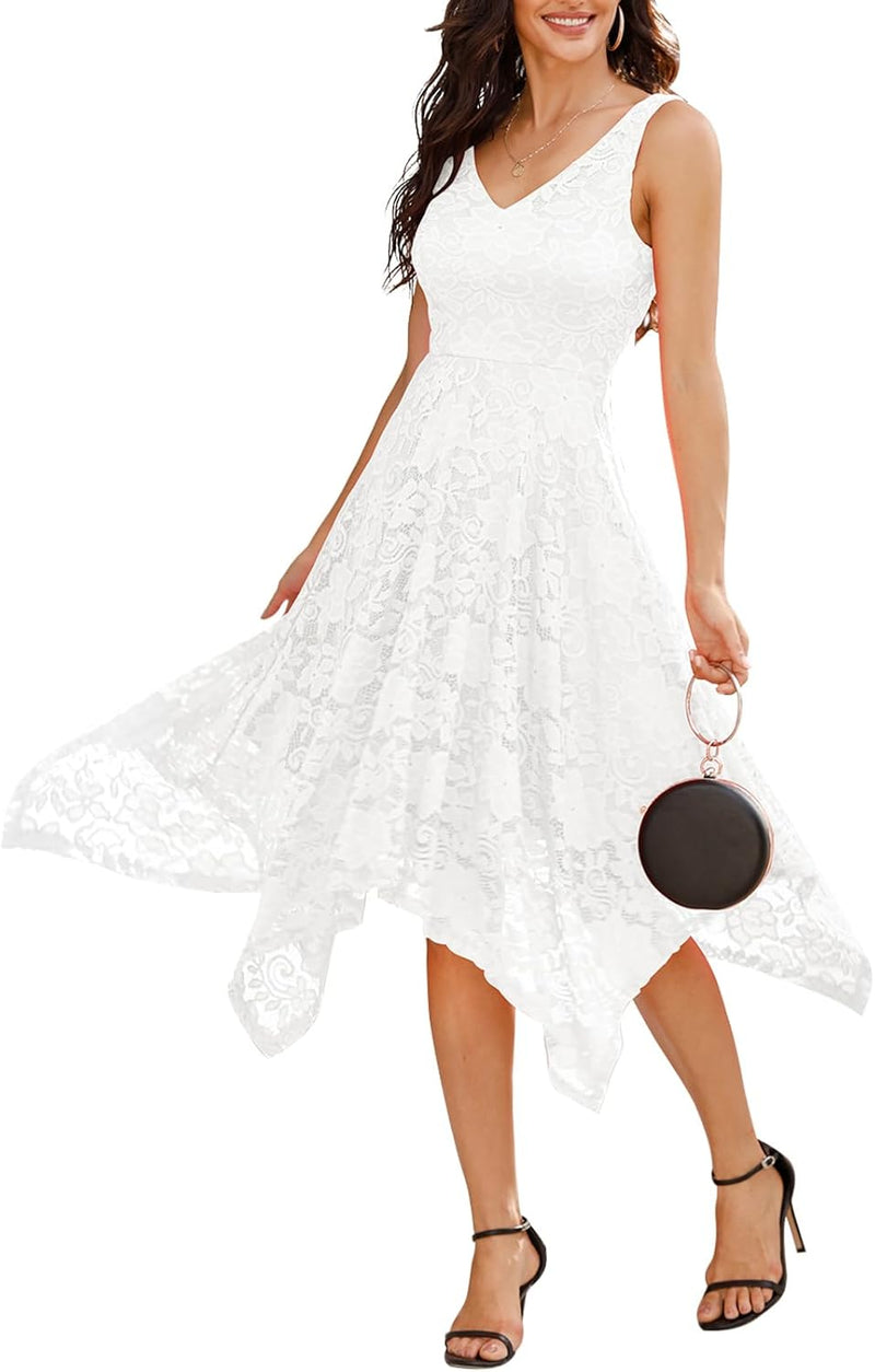 Meetjen Damen Elegante Abendkleid A-Linie Hochzeit Gast Brautjungfernkleid L Weiss, L Weiss