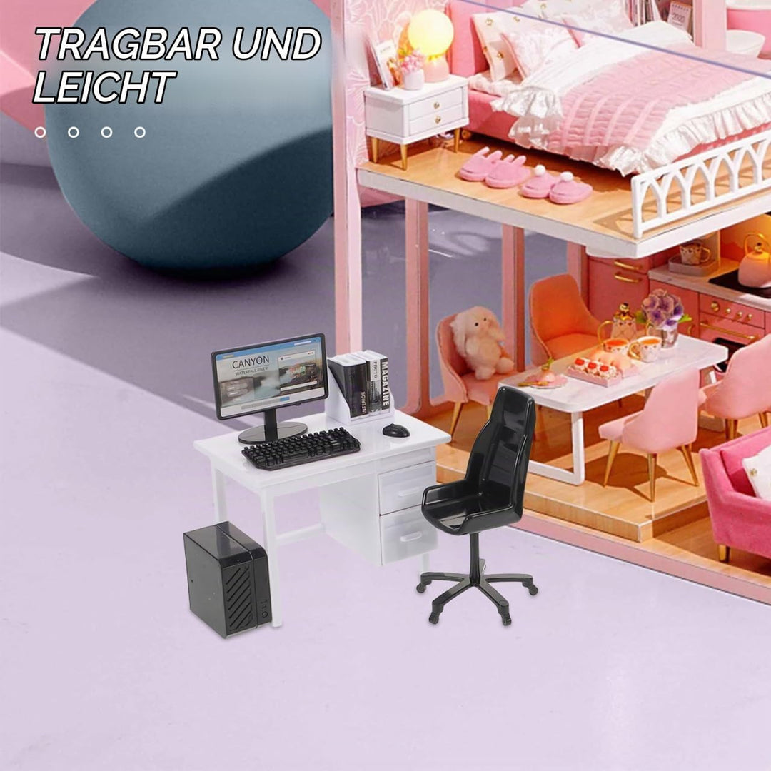 2 Sets Miniatur PuppenhausmöBel BüRotisch Mit Stuhl Computer Modell Simulations Pc Spielzeug FüR Kin