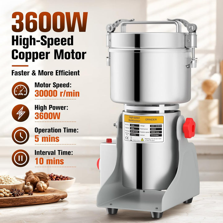 Elektrische Getreidemühle 1000 g, 3600 W, 30000 U/min, Schaukeltyp | Edelstahl-Getreidemühle mit 5-M