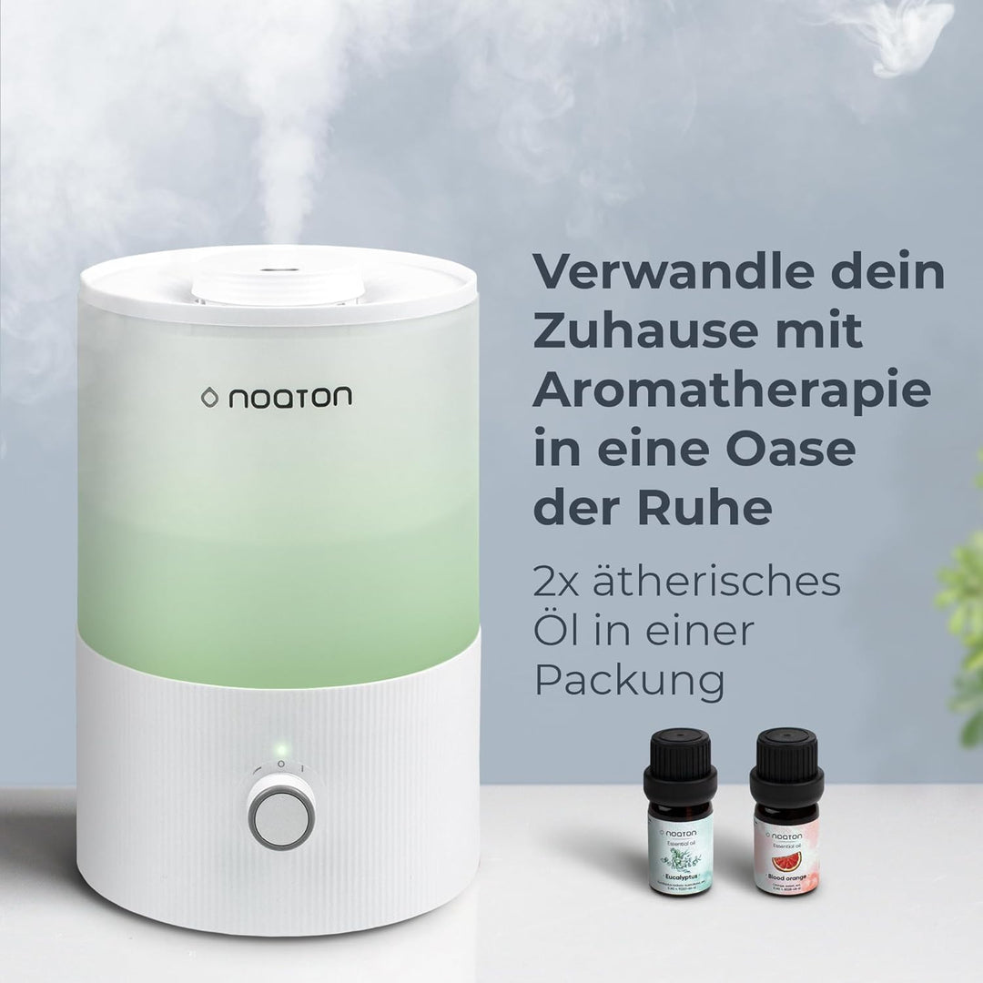 Noaton Essential Luftbefeuchter, 2 ätherische Öle inklusive, 3,3L Top-fill, 33H Laufzeit, 7-Farben-N
