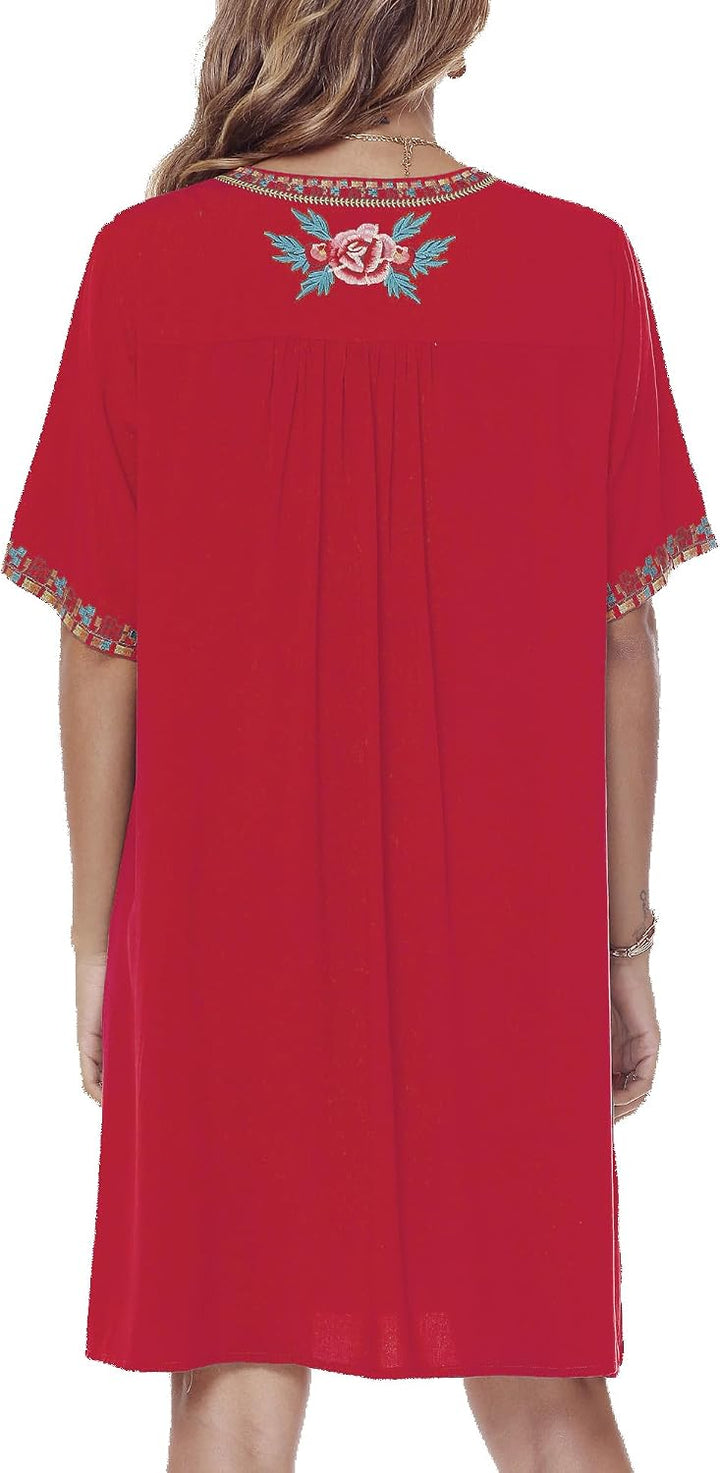 Vakakado Frauen Sommer Boho Mexican Peasant Dress Kurzarm Floral Bestickte Flowy Kleider Lose Hippie