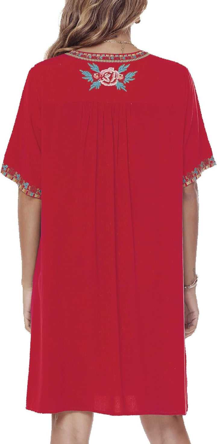 Vakakado Frauen Sommer Boho Mexican Peasant Dress Kurzarm Floral Bestickte Flowy Kleider Lose Hippie