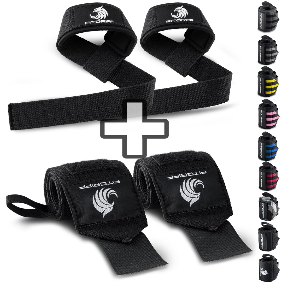 Fitgriff® Handgelenk Bandagen + Zughilfen (2er Set) - für Krafttraining, Fitness, Bodybuilding, Gewi