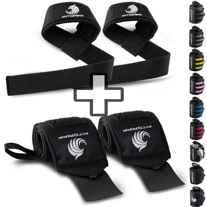 Fitgriff® Handgelenk Bandagen + Zughilfen (2er Set) - für Krafttraining, Fitness, Bodybuilding, Gewi