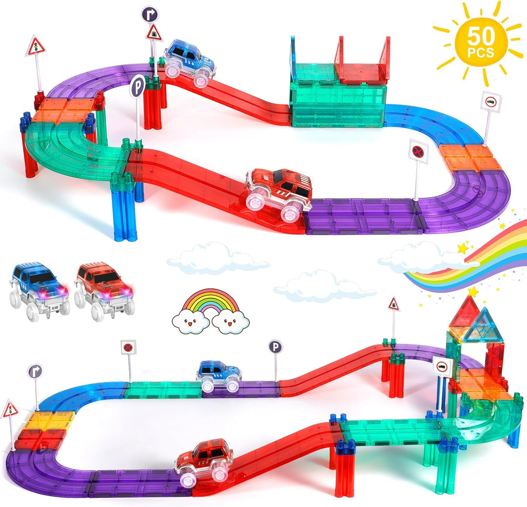 50Pcs Magnetisches Baustein Spielzeug für Bahnrennen, Magnetisches Bauspielzeug mit LED Rennwagen, M