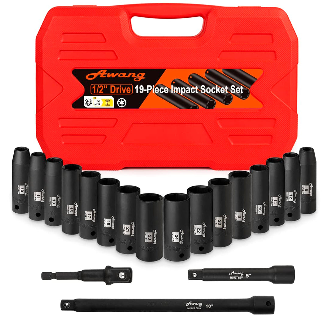 Awang Kraft Schlagschrauber-Nüsse Set 1/2" 8-24mm Schlagnuss-Satz mit 5, 10-inch Verlängerungsstange
