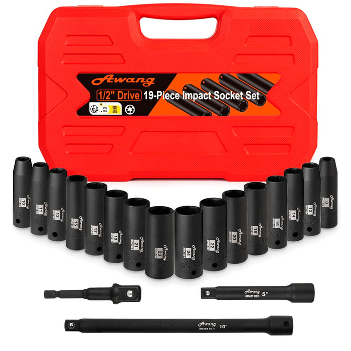 Awang Kraft Schlagschrauber-Nüsse Set 1/2" 8-24mm Schlagnuss-Satz mit 5, 10-inch Verlängerungsstange