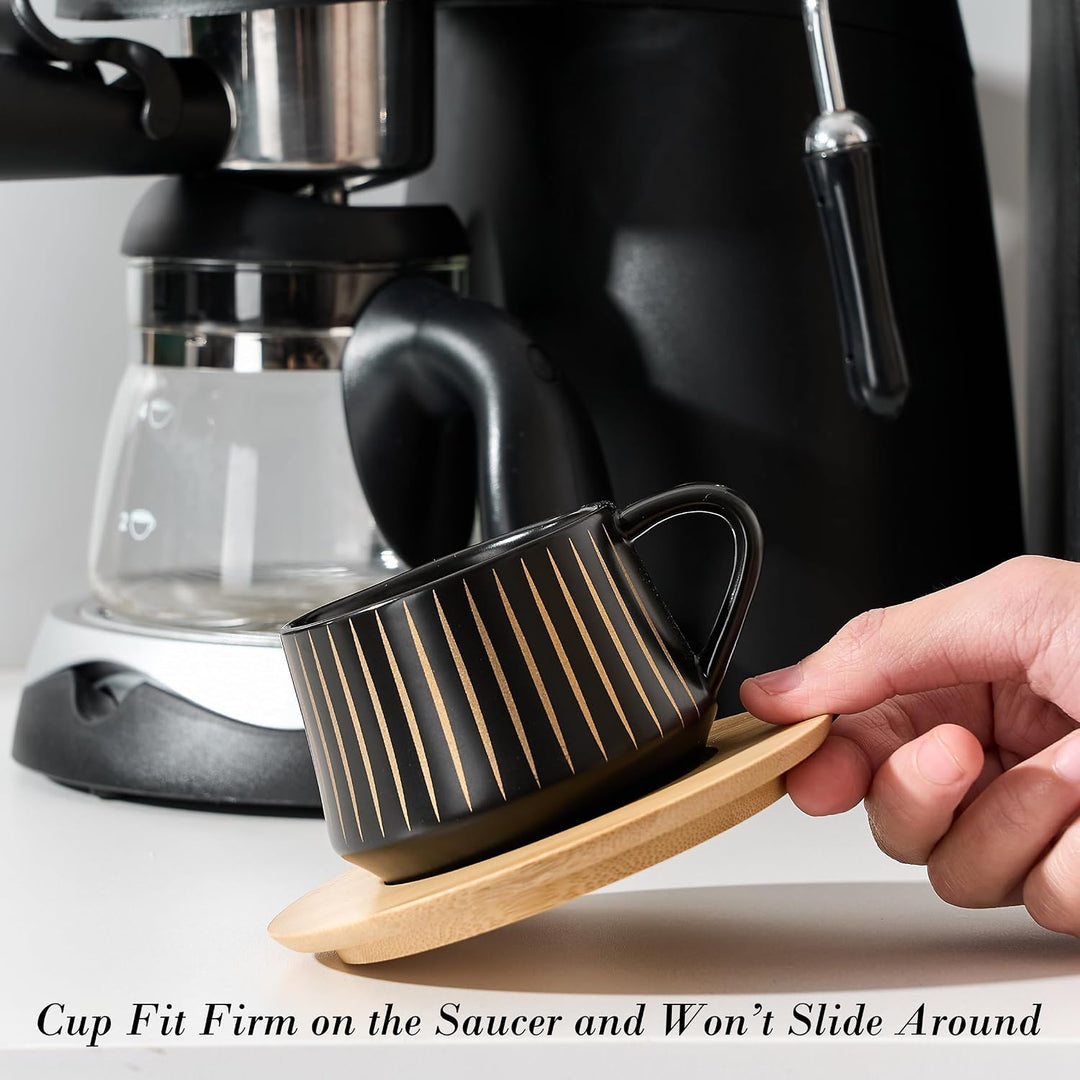 PORCER Set mit 6 Keramik-Kaffeetassen 130 ml (4,4 oz) mit Holzuntertasse und schwarzem Metallständer