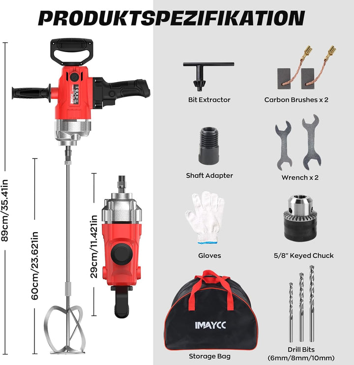 Neu 2-in-1 Bohren Rührwerk Set IMAYCC 2500W Elektrischer Tragbarer Betonmischer 20A für Bohren und M