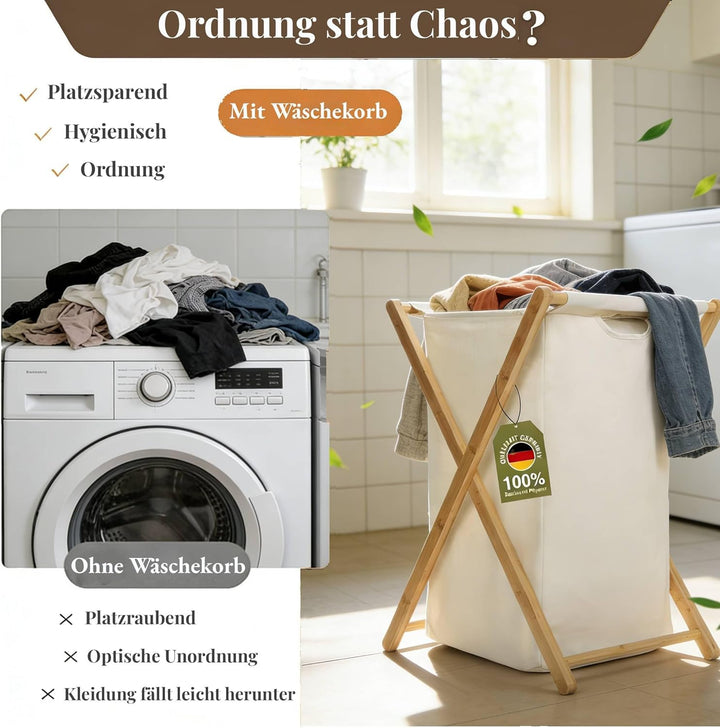 Zedelmaier Wäschekorb Bambus 66L,Wäschekorb aus Baumwoll-Leinen-Stoff und mit Kieferholzrahmen, Natu