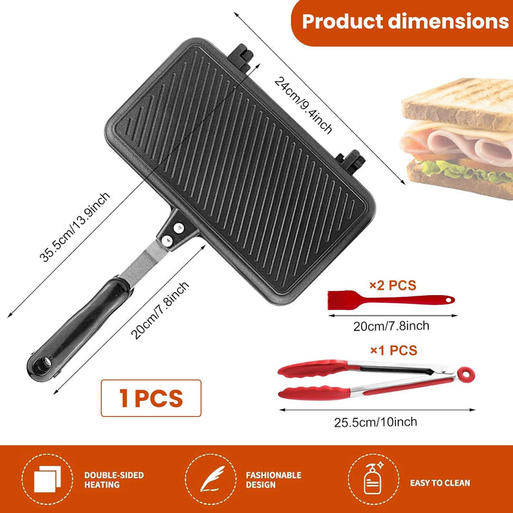 4 Stücke Doppelseitige Bratpfanne,Sandwich Maker mit 1 Küchenzange aus Edelstahl und 2 Silikonpinsel