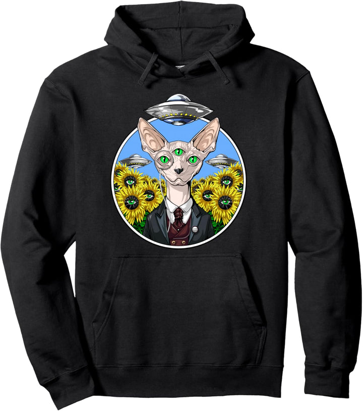 Psychedelische Sphynx Katze Ausserirdische UFO Sonnenblumen Pullover Hoodie