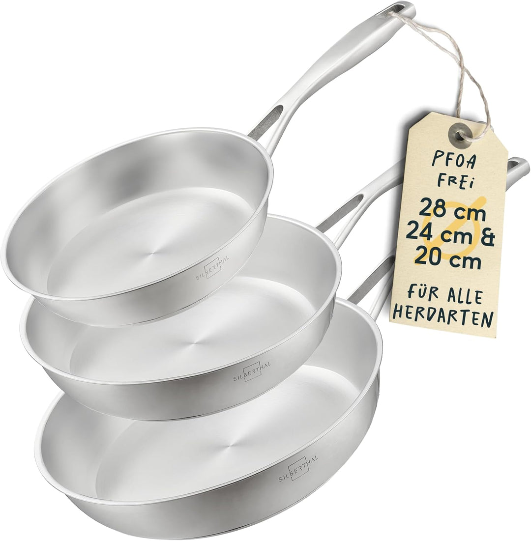 SILBERTHAL Pfannen Set 3 teilig - Edelstahlpfanne Unbeschichtet - 20, 24 und 28 cm - Induktionsgeeig