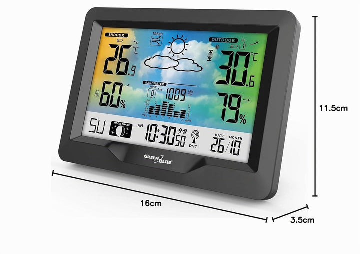 Green Blue GB540 Wetterstation mit Farbdisplay DCF Funkuhr | Innen- und Aussentemperatur, Wettervorh