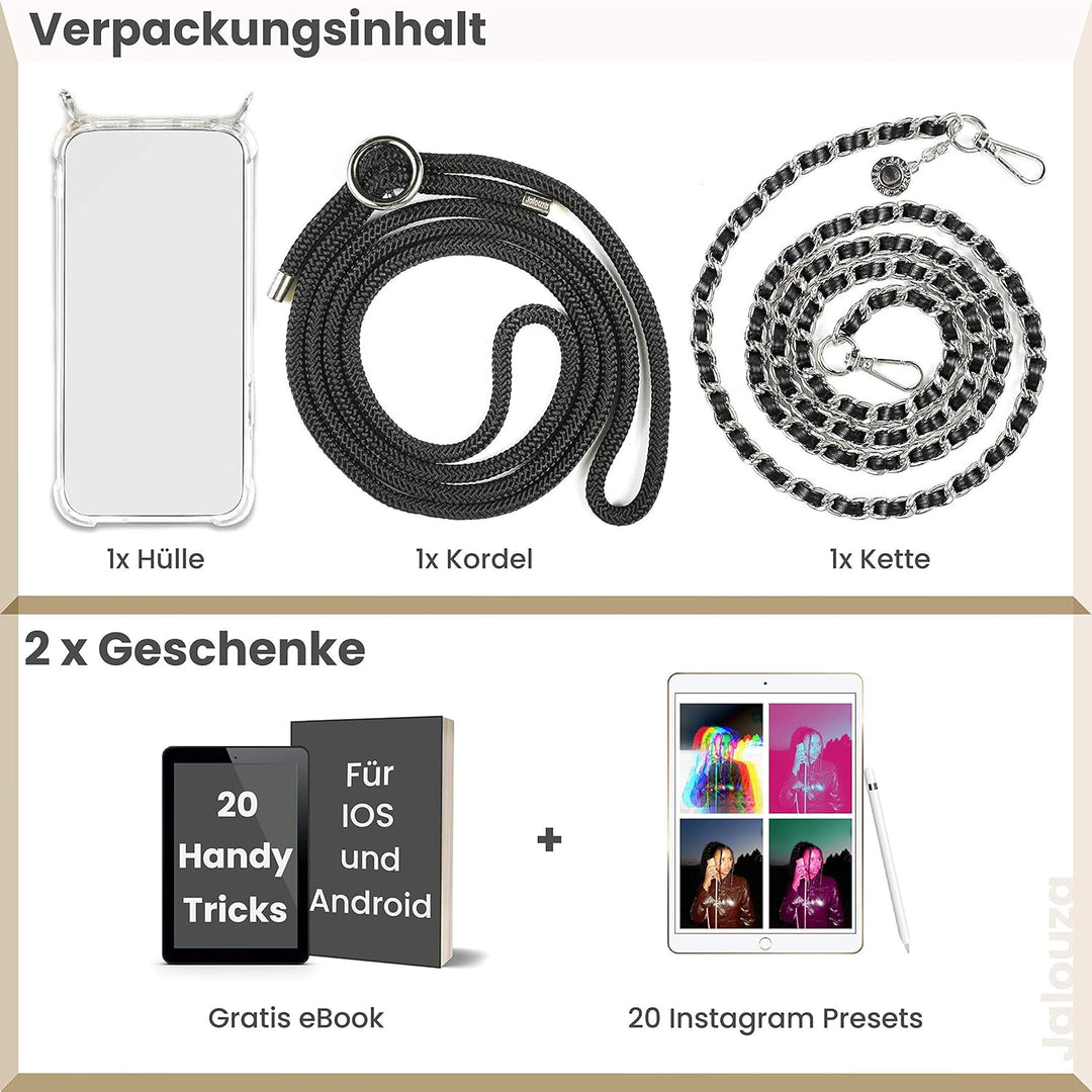 Jalouza Handykette, Kordel & Hülle Bundle kompatibel mit iPhone 12 & 12 Pro - Metallkette in Schwarz