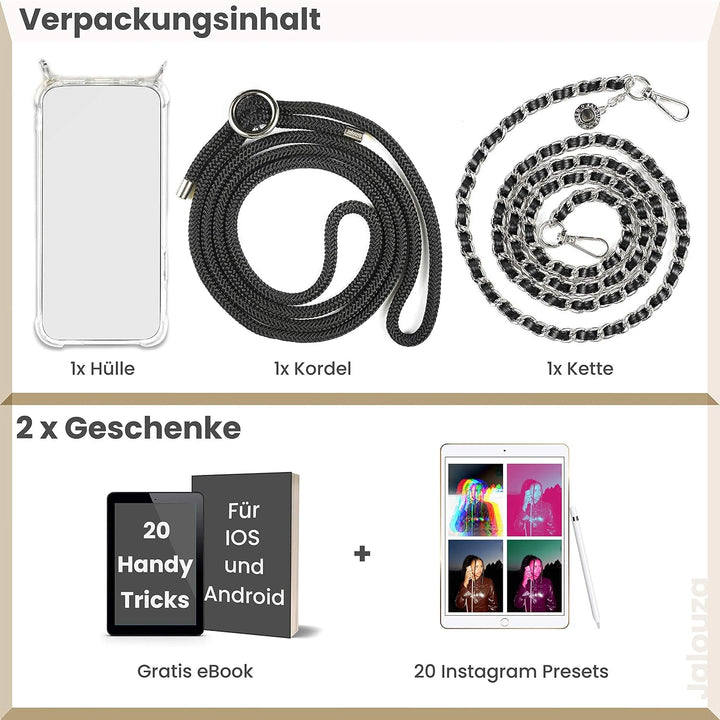 Jalouza Handykette, Kordel & Hülle Bundle kompatibel mit iPhone 12 & 12 Pro - Metallkette in Schwarz