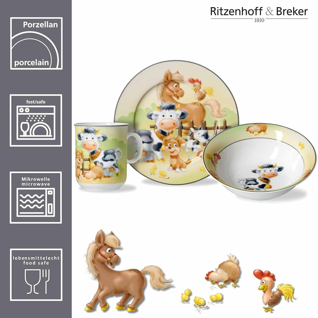 Ritzenhoff&amp; Breker Kindergeschirr-Set Hoftiere 3-teilig mit Platzset &amp; Besteckset | Tiere vom Bauern