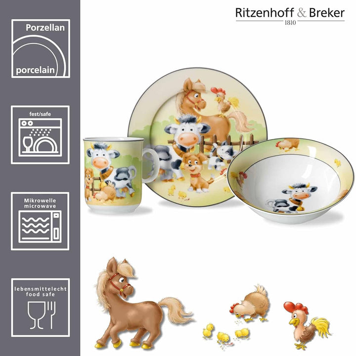 Ritzenhoff&amp; Breker Kindergeschirr-Set Hoftiere 3-teilig mit Platzset &amp; Besteckset | Tiere vom Bauern