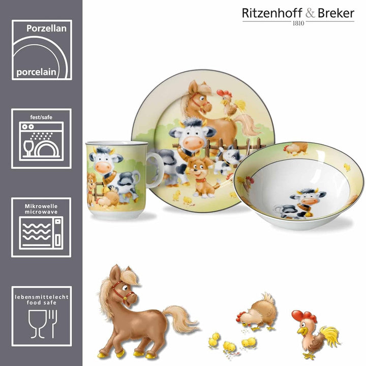 Ritzenhoff & Breker Kindergeschirr-Set Hoftiere 3-teilig mit Besteck | Teller, Schale, Becher, Gabel