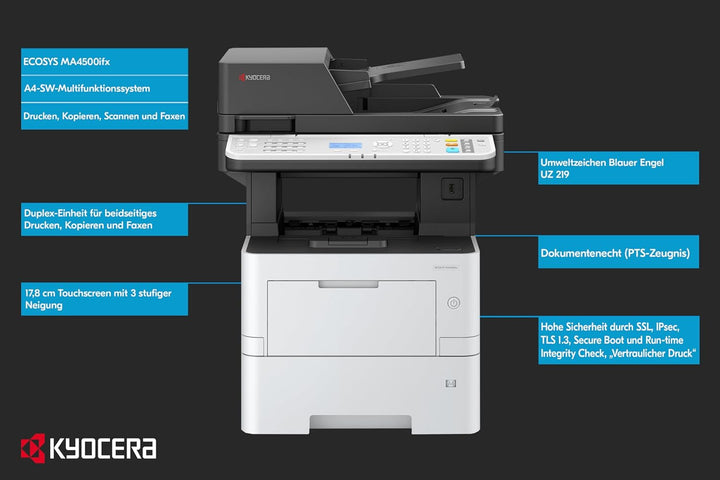 Kyocera Ecosys MA4500ifx/Plus Multifunktionsdrucker Schwarz Weiss, 45 Seiten pro Minute. Drucker Sca