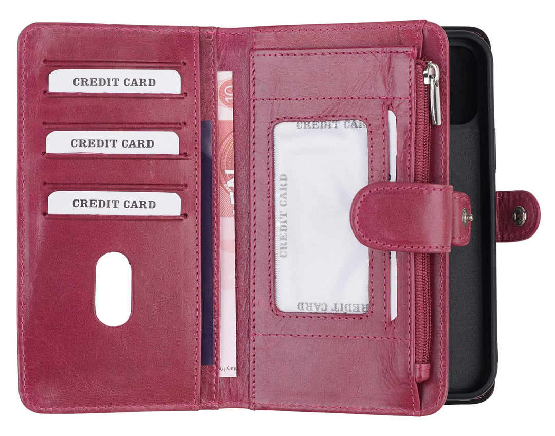 HANS/SON iPhone 13 Lederhülle mit Geldbörse | 2-in-1 Handyhülle in Magenta aus Echtleder | iPhone 13