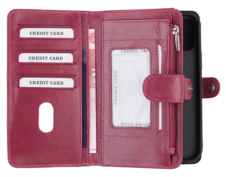 HANS/SON iPhone 13 Lederhülle mit Geldbörse | 2-in-1 Handyhülle in Magenta aus Echtleder | iPhone 13