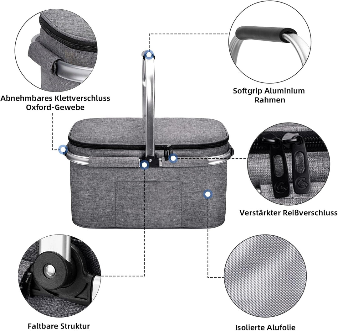 ALLCAMP Gross Faltbar Isoliert Kühltasche - Einkaufskorb Thermo Mit Deckel, Abnehmbarer Picknickkorb