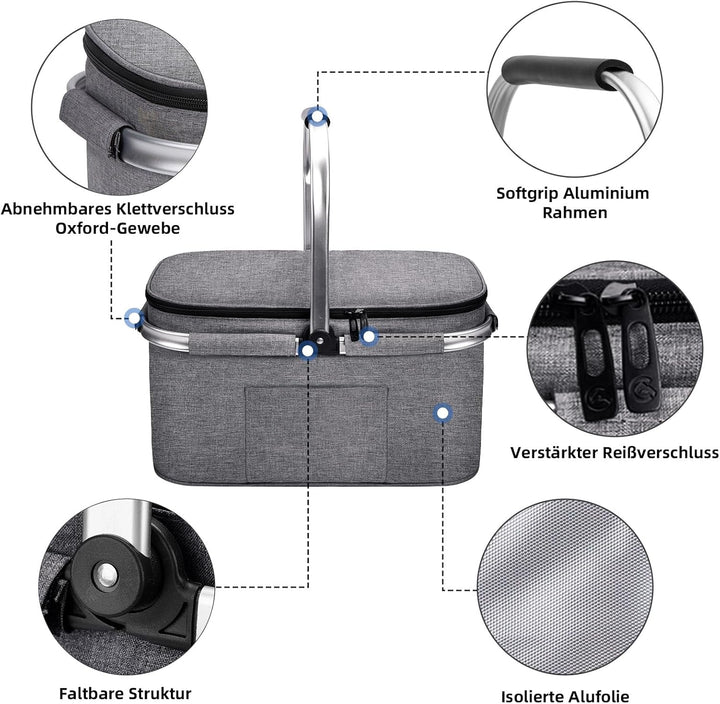ALLCAMP Gross Faltbar Isoliert Kühltasche - Einkaufskorb Thermo Mit Deckel, Abnehmbarer Picknickkorb