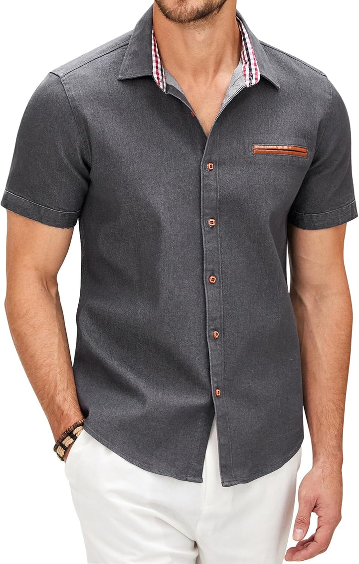 COOFANDY Jeanshemd Kurzarm Herren Hemd Cowboy-Style Knöpfen T Shirt Freizeit Kurzarm Denim Kariert K