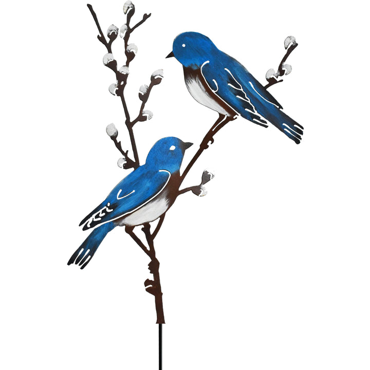Vogel Gartenstecker 58cm Hoch Metall Bemalte Vogel Gartendeko für Draussen, Blaue Vögel auf Zweigen