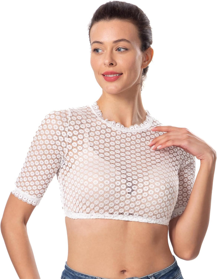 Elegante Schlichte Dirndlbluse Hochelastisch Stoff Dirndlbluse Runder Ausschnitt Trachtenbluse Kurza