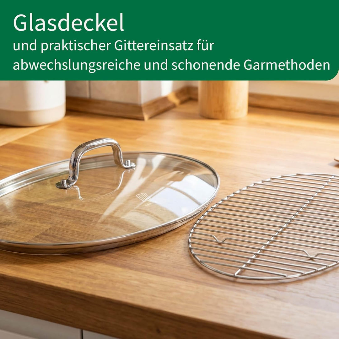 Chefkoch trifft Fackelmann Bräter Rosenheim – Ø38 cm, mit Glasdeckel, Edelstahl-Gussgriff und Rostei