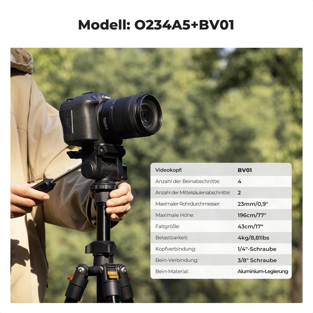 K&F CONCEPT 196cm Kamera Stativ,Videostativ, Neues Leichtes Reisestativ, Tripod mit 3-Wege-Kopf, Alu