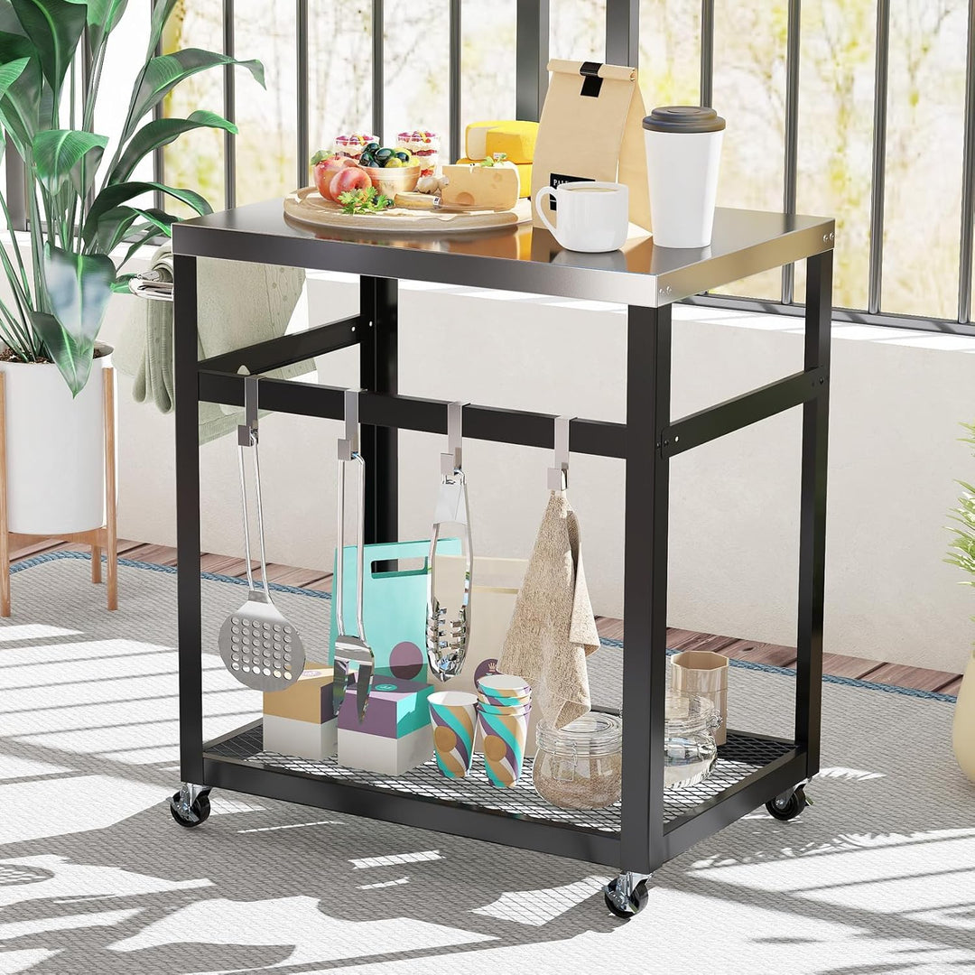 GOPLUS Grillwagen, BBQ Beistellwagen mit Edelstahl-Tischplatte, 2 Ebenen & Haken, Grilltisch mit Rol