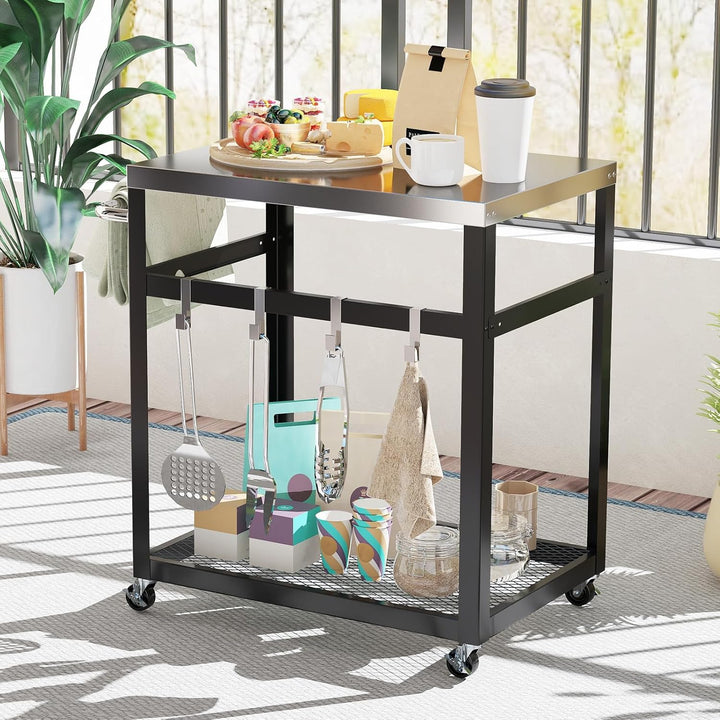 GOPLUS Grillwagen, BBQ Beistellwagen mit Edelstahl-Tischplatte, 2 Ebenen & Haken, Grilltisch mit Rol