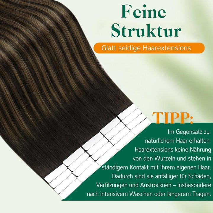 Easyouth Echthaar Extension Tape in Ombre Echthaar tape in Haar Extensions Dunkelstes Braun Aschbrau