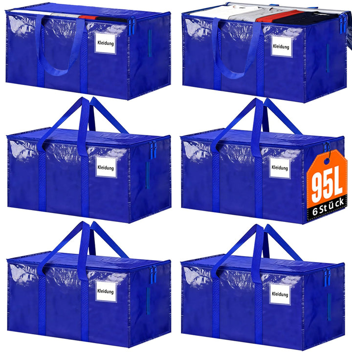 6 Stück 95L Übersized Aufbewahrungstasche,Blau,Aufbewahrungstaschen mit Deckeln,Heavy-Duty Umzugskar