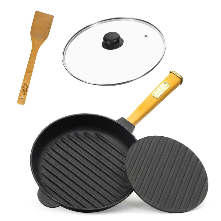 Ø28cm Grillpfanne Gusseisen mit Pressdeckel Glasdeckel Pfannenwender Induktion Holzgriff Bratpfanne