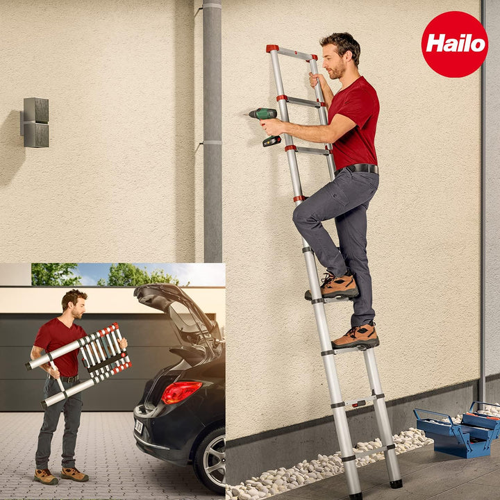 Hailo T80 FlexLine Alu-Sicherheits-Teleskopleiter - ausziehbare Anlegeleiter mit 9 Sprossen - Arbeit