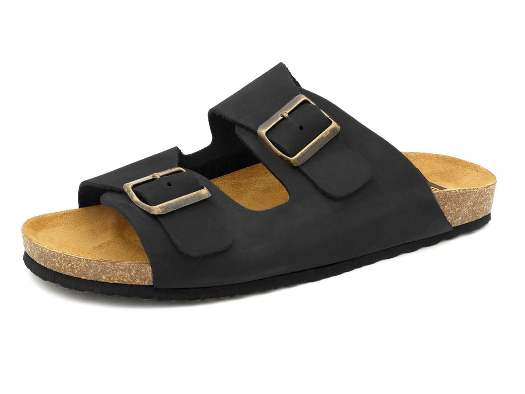 Casual Herren Pantoletten Nubuk Leder Sandalen Korksohle &amp; Echtleder Fussbett 39-47 41 EU Schwarz, 4