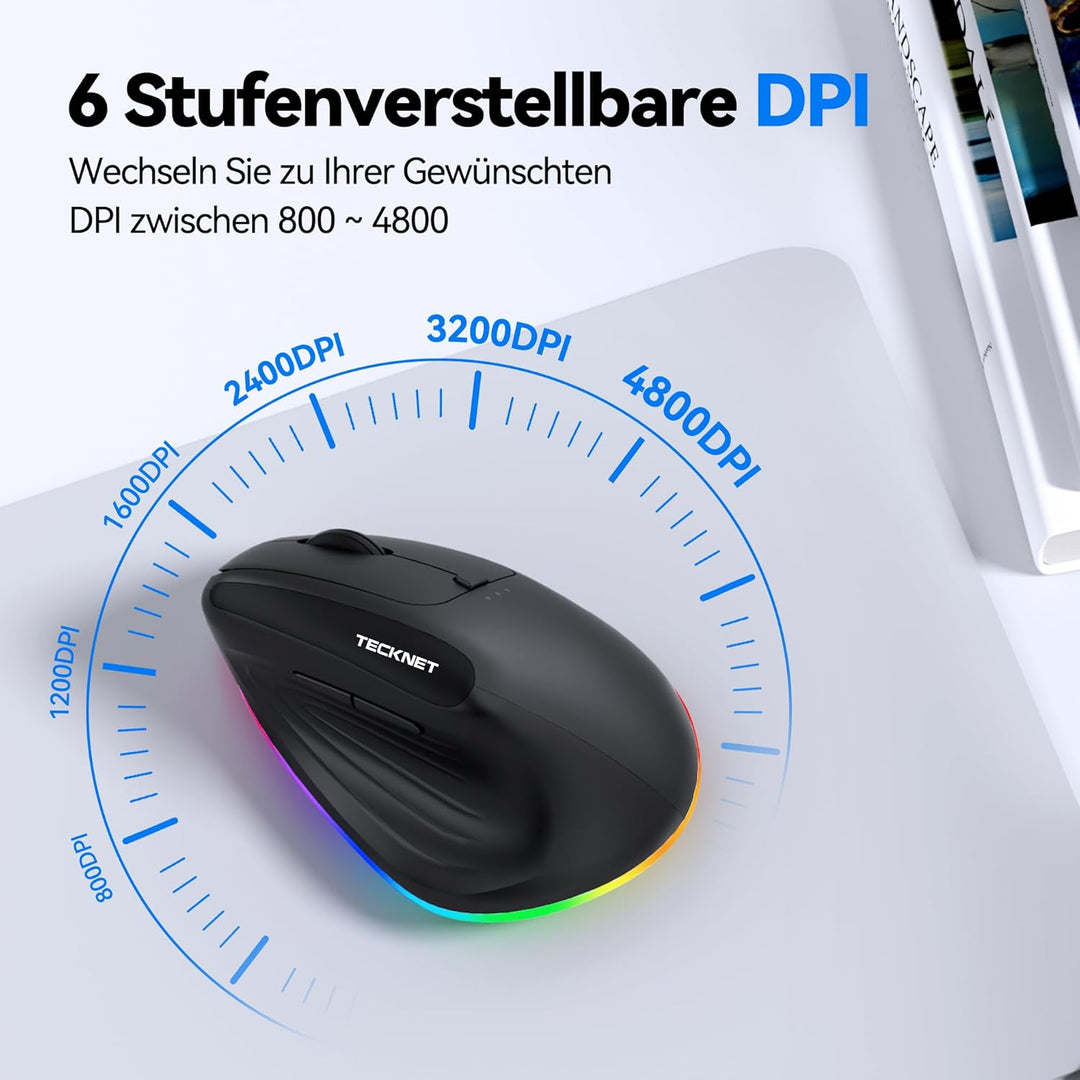 TECKNET Vertikale Ergonomische Kabellos Maus, 2,4 GHz + Bluetooth, Wiederaufladbar Maus mit 4800 DPI