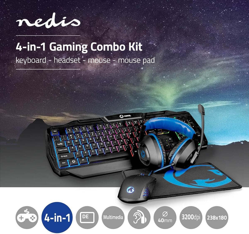 NEDIS - Gaming-Combo-Kit - 4-in-1 - Tastatur, Headset, Maus und Mousepad - 5 V 0.5 A - Rechtshändig