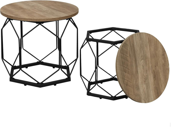WOLTU 2er Set Couchtisch, Beistelltisch mit runder Tischplatte, Sofatisch mit hohlem Metallrahmen, W