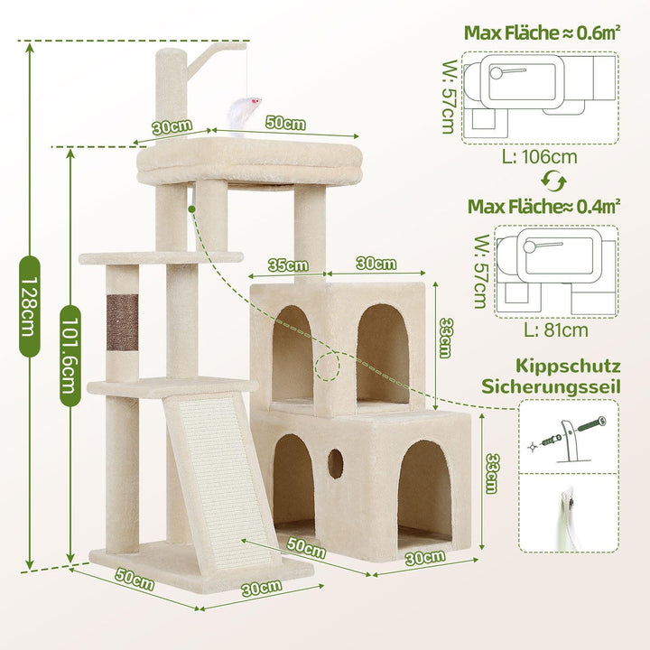 Globlazer Kratzbaum Beige Stabil mit 2 Gross Basis, 2 Katzenhaus 90° Drehbares, Gepolsterte Plattfor