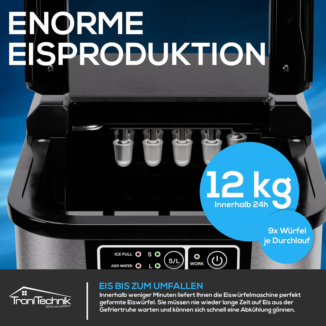 TroniTechnik® Eiswürfelmaschine Eiswürfelbereiter aus Edelstahl, Ice Maker, 12kg/24h, 2,2 Liter Wass