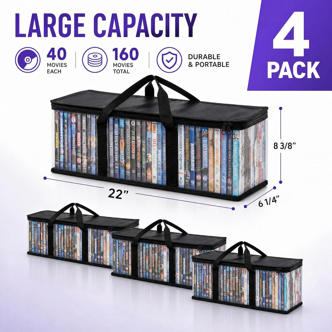 Fasmov Set mit 4 DVD-Aufbewahrungstaschen für bis zu 160 DVDs (40 Stück pro Tasche) Schwarz, Schwarz