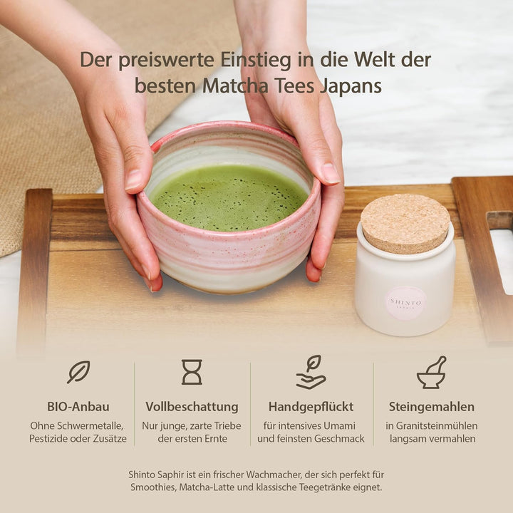 Matcha-Pulver Set Shinto® Saphir - mit Prime Grade Grüntee-Pulver, einzigartiger handgefertigter Sch